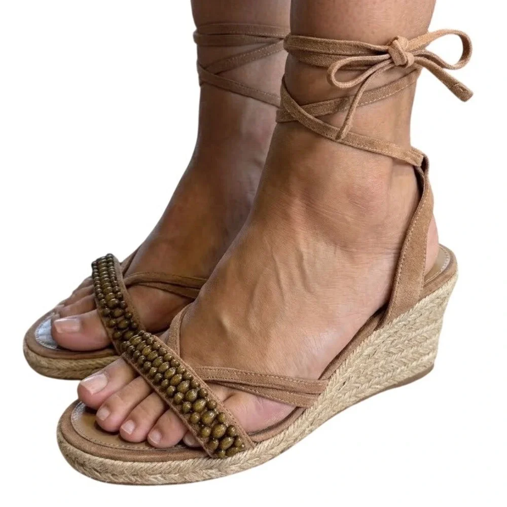 Franco Sarto Herbal Tan Leather Beaded Espadrille Wedge Sandals Womens 9M